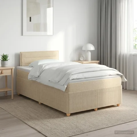 vidaXL Pat boxspring cu saltea cu headboard Crem 120 x 190 cm Țesătură