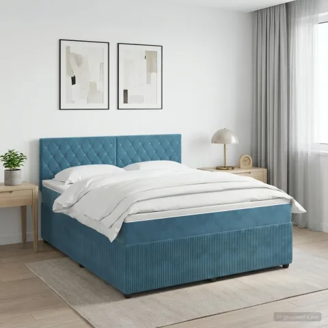 vidaXL Pat boxspring cu saltea Albastru închis 140 x 200 cm Catifea