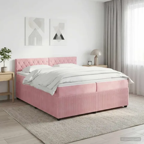 vidaXL Pat boxspring cu saltea cu headboard Roz 200 x 200 cm Catifea
