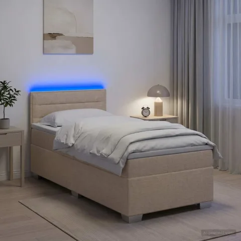 vidaXL Pat box spring cu saltea și LED Crem 100 x 200 cm Țesătură