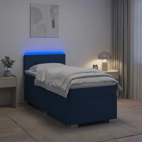 vidaXL Pat box spring cu saltea și LED albastru 90 x 200 cm Țesătură