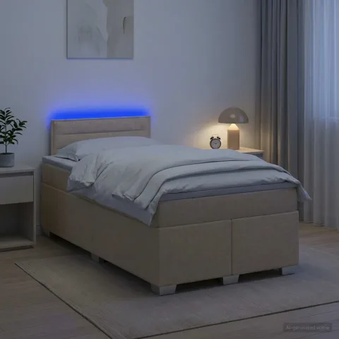 vidaXL Pat box spring cu saltea și LED Crem 120 x 200 cm Țesătură