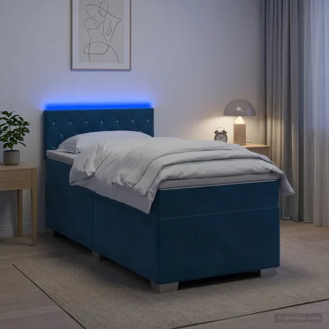 vidaXL Pat box spring cu saltea și LED albastru 100 x 200 cm Catifea