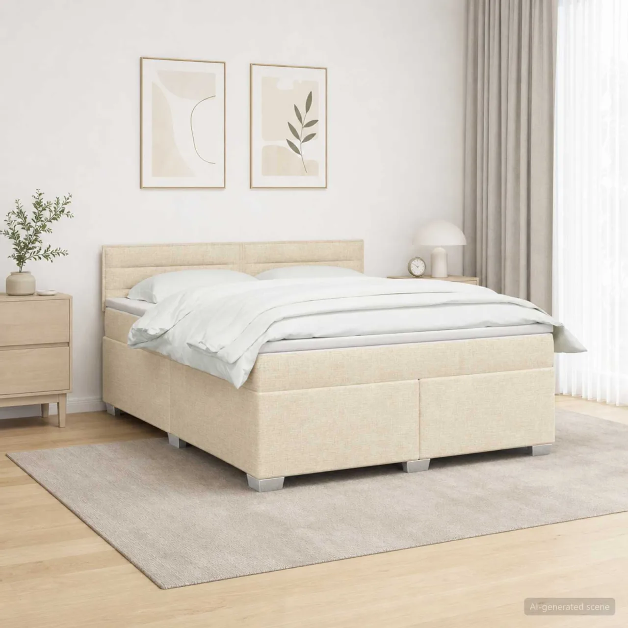 vidaXL Pat box spring cu saltea și LED Crem 140 x 190 cm Țesătură