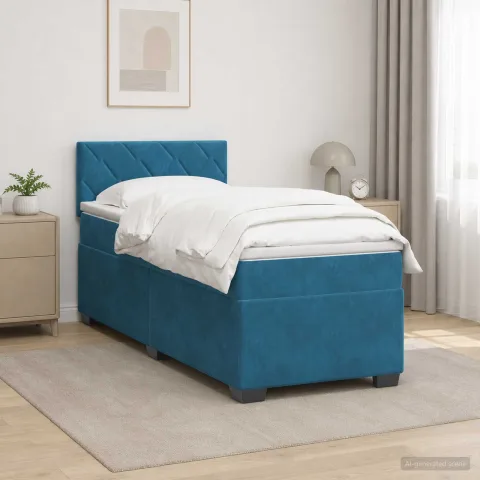 vidaXL Pat box spring cu saltea și LED albastru 90 x 200 cm Catifea