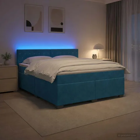 vidaXL Pat box spring cu saltea și LED albastru 140 x 200 cm Catifea