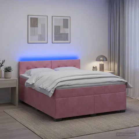 vidaXL Pat box spring cu saltea și LED Roz 140 x 200 cm Catifea