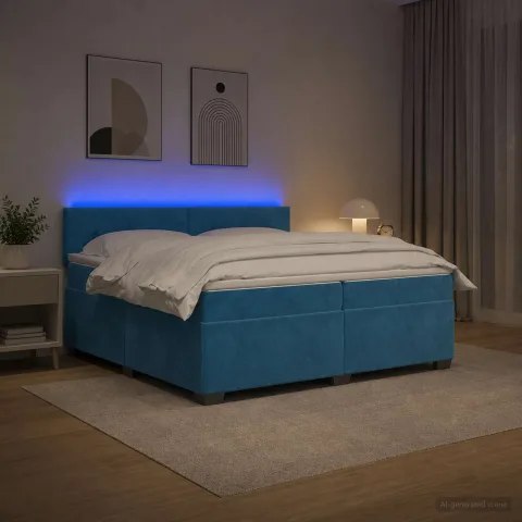 vidaXL Pat box spring cu saltea și LED albastru 200 x 200 cm Catifea