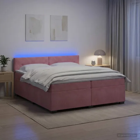 vidaXL Pat box spring cu saltea și LED Roz 200 x 200 cm Catifea