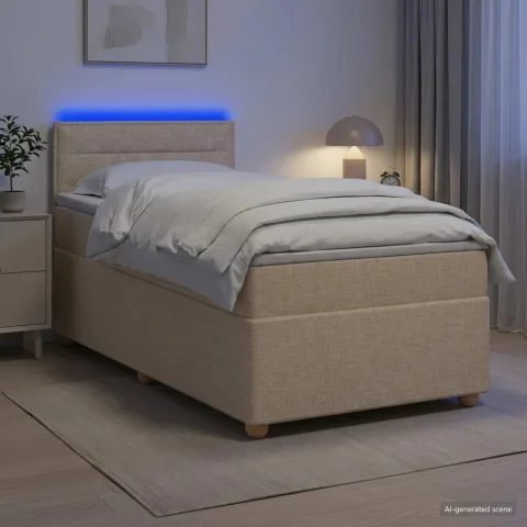 vidaXL Pat boxspring cu saltea cu benzi LED Crem 100 x 200 cm Țesătură