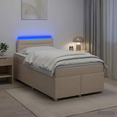 vidaXL Pat boxspring cu saltea cu benzi LED Crem 120 x 200 cm Țesătură