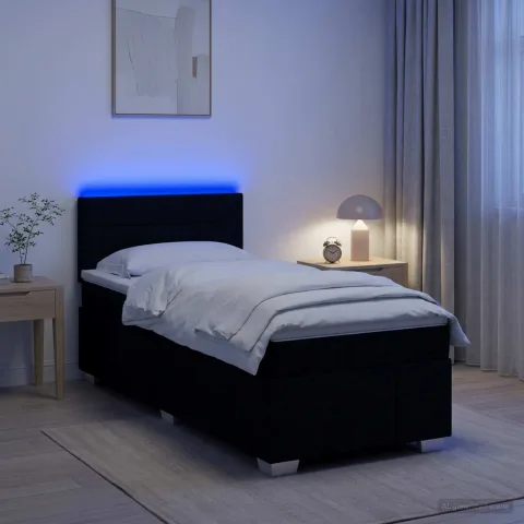 vidaXL Pat boxspring cu saltea cu benzi LED Negru 90 x 190 cm Țesătură