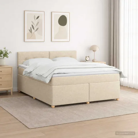 vidaXL Pat boxspring cu saltea cu benzi LED Crem 180 x 200 cm Țesătură