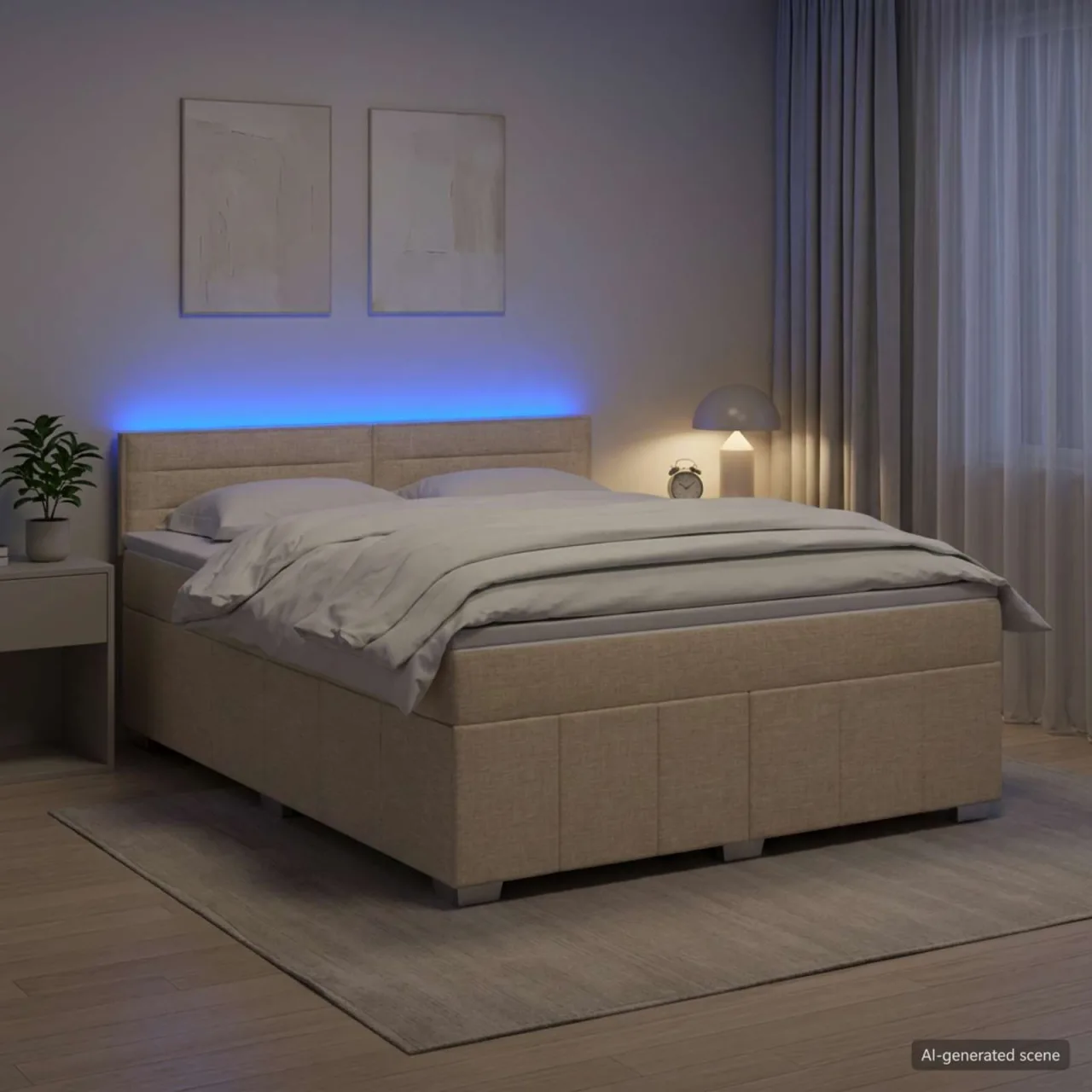 vidaXL Pat boxspring cu saltea cu benzi LED Crem 140 x 190 cm Țesătură