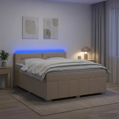 vidaXL Pat boxspring cu saltea cu benzi LED Crem 140 x 190 cm Țesătură
