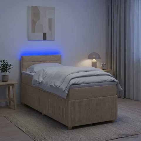 vidaXL Pat boxspring cu saltea cu benzi LED Crem 100 x 200 cm Țesătură
