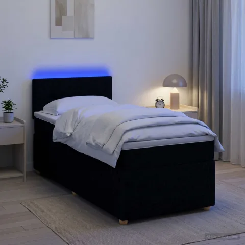vidaXL Pat boxspring cu saltea cu benzi LED Negru 90 x 190 cm Țesătură