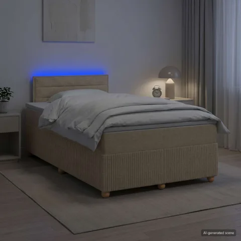 vidaXL Pat boxspring cu saltea cu benzi LED Crem 120 x 200 cm Țesătură