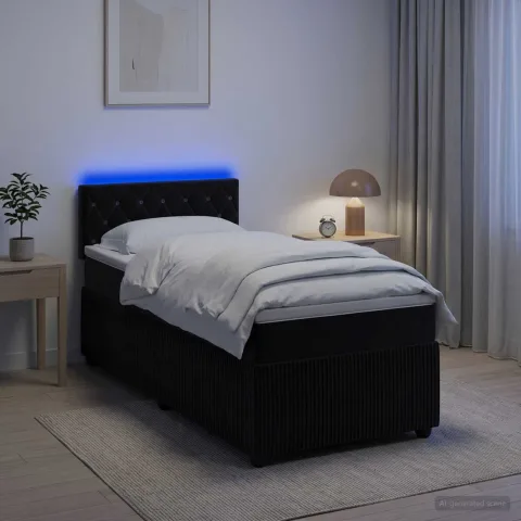 vidaXL Pat boxspring cu saltea cu benzi LED Negru 90 x 190 cm Catifea