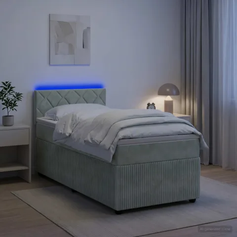 vidaXL Pat box spring cu saltea și LED Gri deschis 90 x 190 cm Catifea