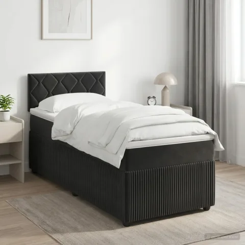 vidaXL Pat boxspring cu saltea cu benzi LED Negru 90 x 190 cm Catifea