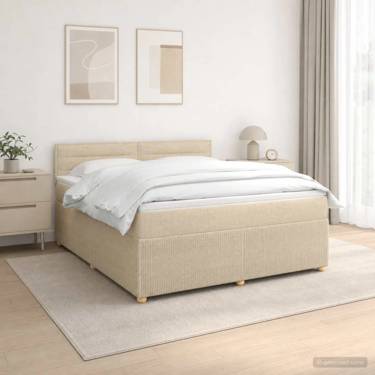 vidaXL Pat boxspring cu saltea cu benzi LED Crem 140 x 190 cm Țesătură