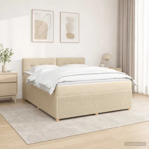 vidaXL Pat boxspring cu saltea cu benzi LED Crem 180 x 200 cm Țesătură