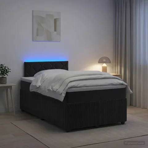 vidaXL Pat boxspring cu saltea cu benzi LED Negru 120 x 190 cm Catifea