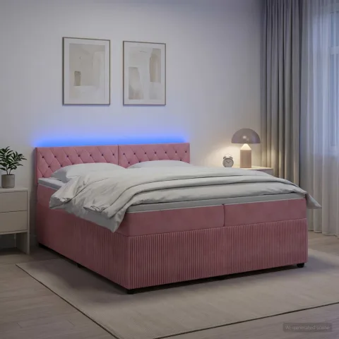 vidaXL Pat boxspring cu saltea cu benzi LED Roz 200 x 200 cm Catifea
