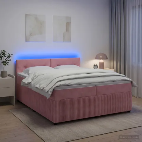 vidaXL Pat boxspring cu saltea cu benzi LED Roz 200 x 200 cm Catifea