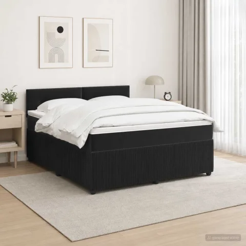 vidaXL Pat boxspring cu saltea cu benzi LED Negru 180 x 200 cm Catifea