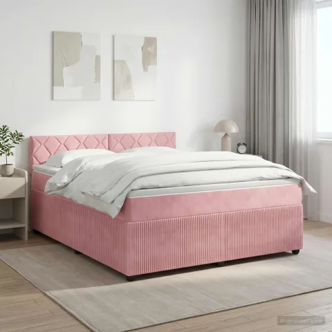 vidaXL Pat boxspring cu saltea cu benzi LED Roz 180 x 200 cm Catifea
