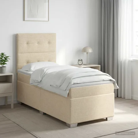 vidaXL Pat boxspring cu saltea cu headboard Crem 90 x 200 cm Țesătură