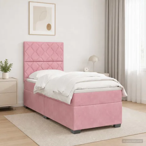 vidaXL Pat boxspring cu saltea cu headboard Roz 90 x 200 cm Catifea