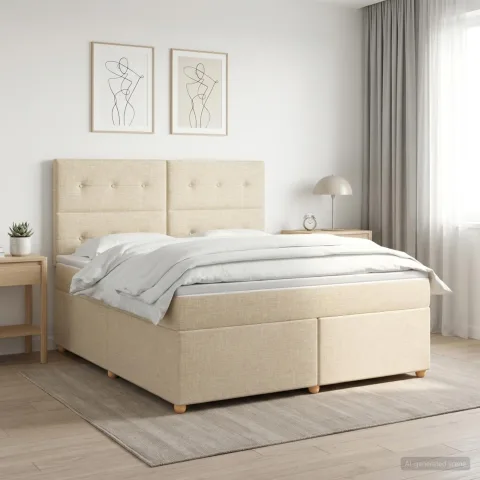 vidaXL Pat boxspring cu saltea cu headboard Crem 180 x 200 cm Țesătură