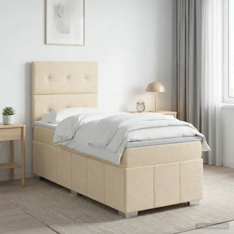 vidaXL Pat boxspring cu saltea cu headboard Crem 90 x 200 cm Țesătură