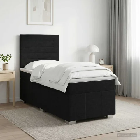 vidaXL Pat boxspring cu saltea cu headboard Negru 90 x 200 cm Țesătură