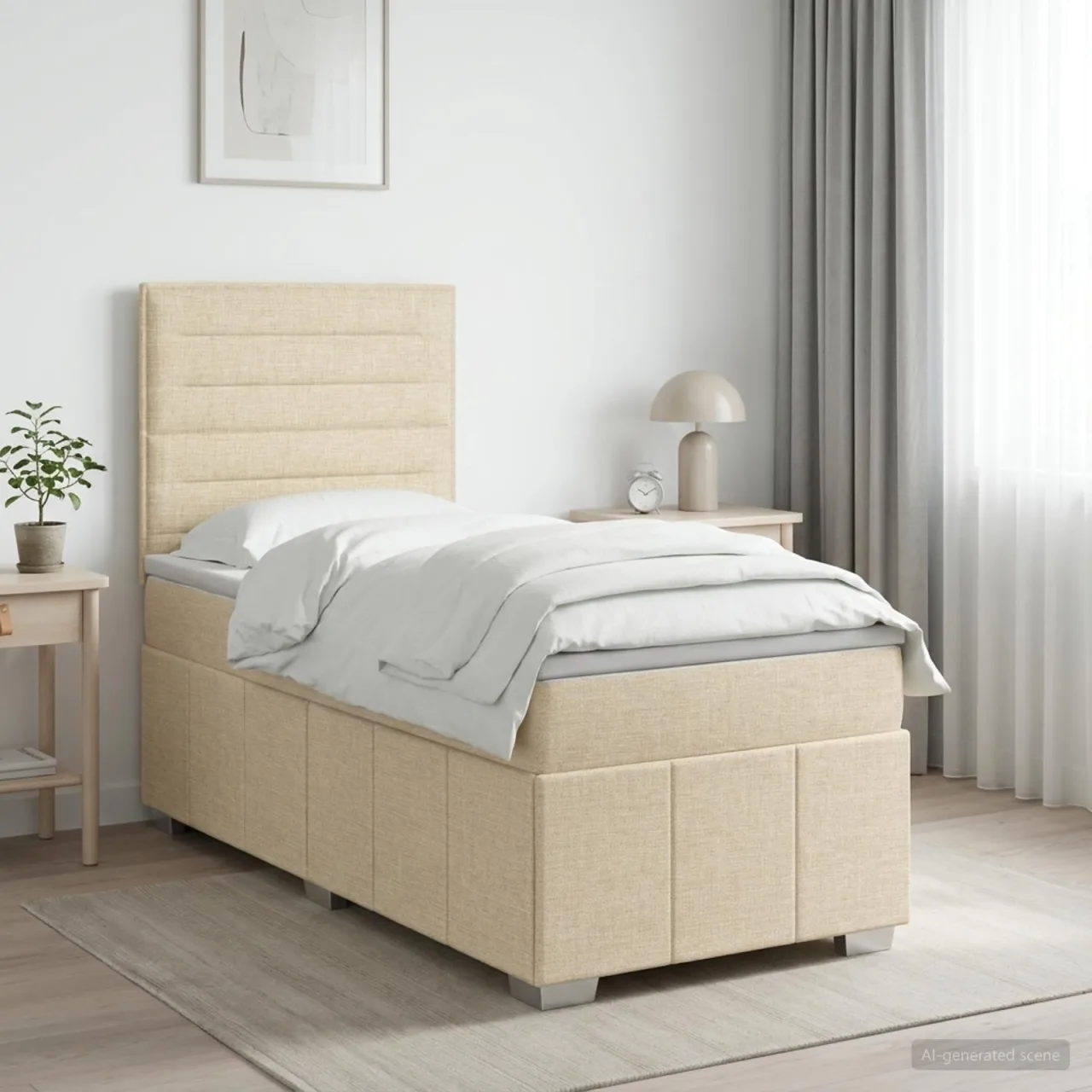 vidaXL Pat boxspring cu saltea cu headboard Crem 90 x 200 cm Țesătură