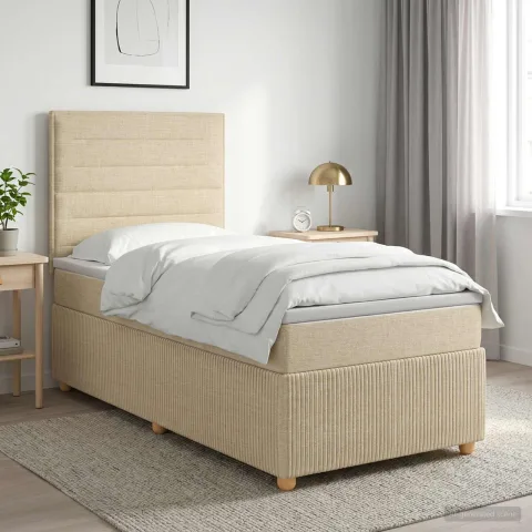 vidaXL Pat boxspring cu saltea cu headboard Crem 90 x 200 cm Țesătură