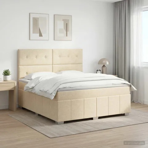 vidaXL Pat boxspring cu saltea cu headboard Crem 140 x 190 cm Țesătură