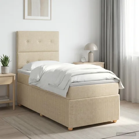 vidaXL Pat boxspring cu saltea cu headboard Crem 90 x 200 cm Țesătură