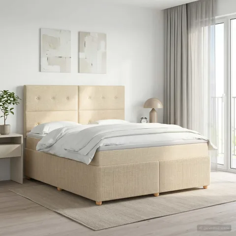 vidaXL Pat boxspring cu saltea cu headboard Crem 180 x 200 cm Țesătură