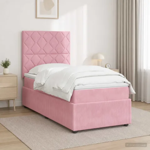 vidaXL Pat boxspring cu saltea cu headboard Roz 90 x 200 cm Catifea