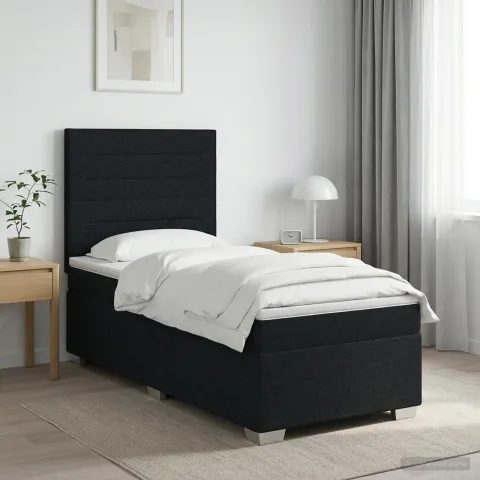 vidaXL Pat boxspring cu saltea cu benzi LED Negru 90 x 190 cm Țesătură