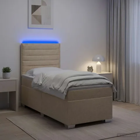 vidaXL Pat boxspring cu saltea cu benzi LED Crem 100 x 200 cm Țesătură