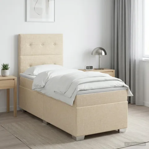 vidaXL Pat boxspring cu saltea cu benzi LED Crem 90 x 200 cm Țesătură
