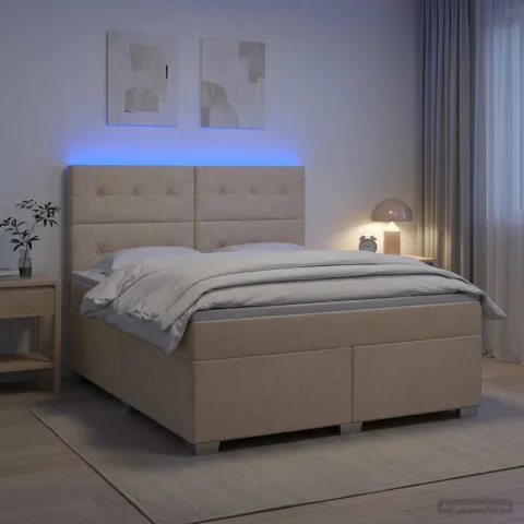 vidaXL Pat boxspring cu saltea cu benzi LED Crem 180 x 200 cm Țesătură