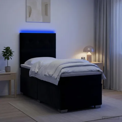 vidaXL Pat boxspring cu saltea cu benzi LED Negru 90 x 190 cm Catifea
