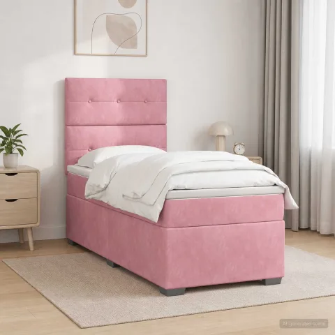 vidaXL Pat boxspring cu saltea cu benzi LED Roz 100 x 200 cm Catifea