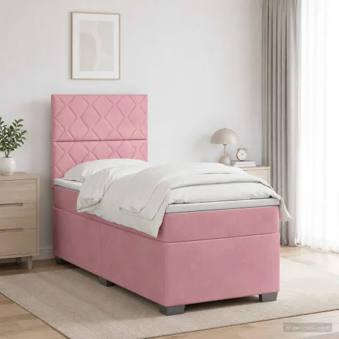 vidaXL Pat boxspring cu saltea cu benzi LED Roz 90 x 200 cm Catifea